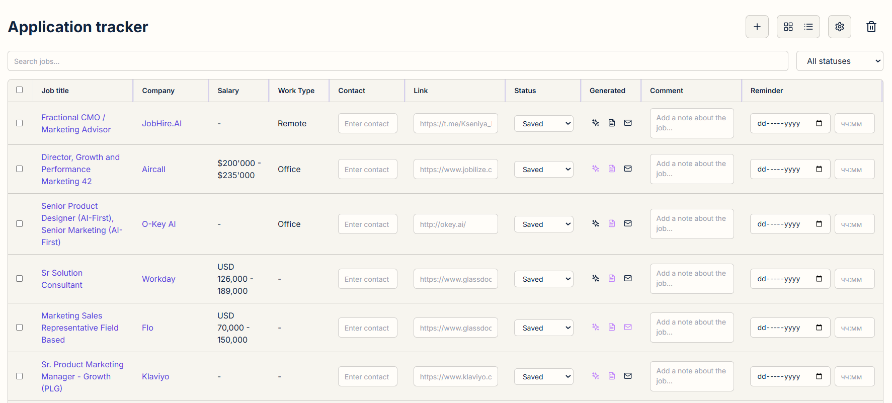 Трекер: табличный вид